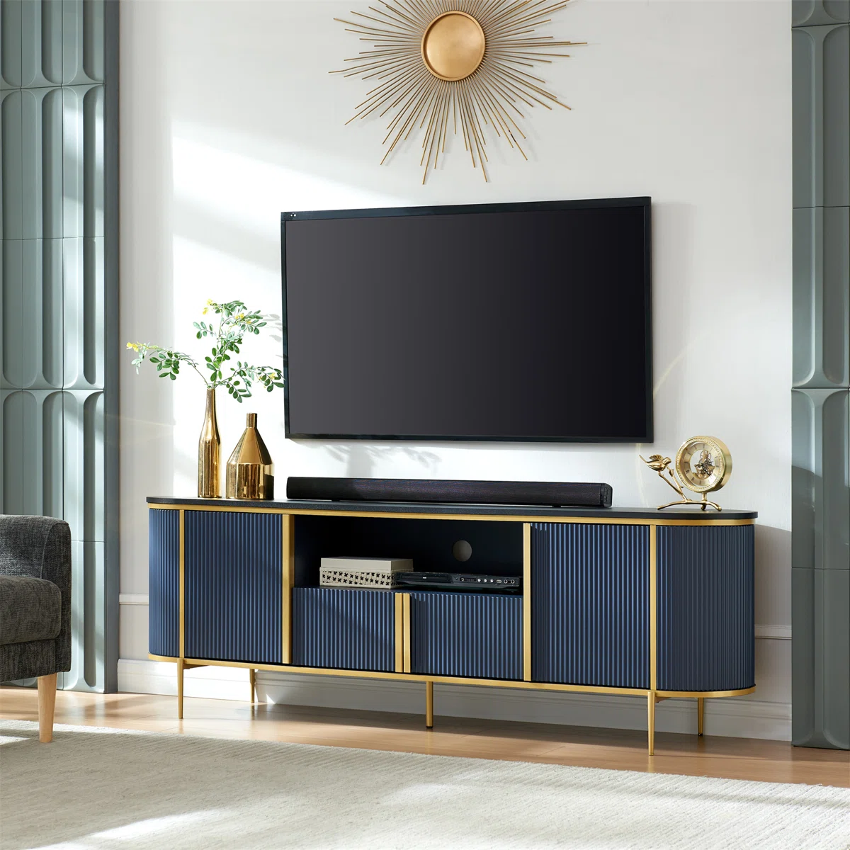 Mercer41 Rosevell 70” Dark Blue TV Stand for TVs up to 78”, Modern Entertainment Center with Storage Cabinets