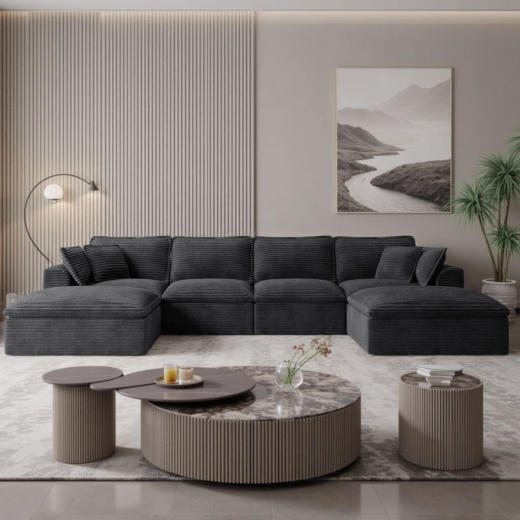 142" U-Shaped Modular Sectional Sofa with Ottomans – Luxury Striped Chenille Cloud Sofa, Extra Wide Deep 6-Seater, Compressed Delivery, No Assembly Required