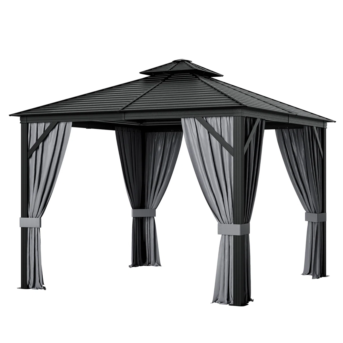 10x10 Ft Hardtop Steel Gazebo with Double Roof, Netting & Curtains | Galvanized Metal Roof, Aluminum Frame, All-Weather Outdoor Patio Shelter