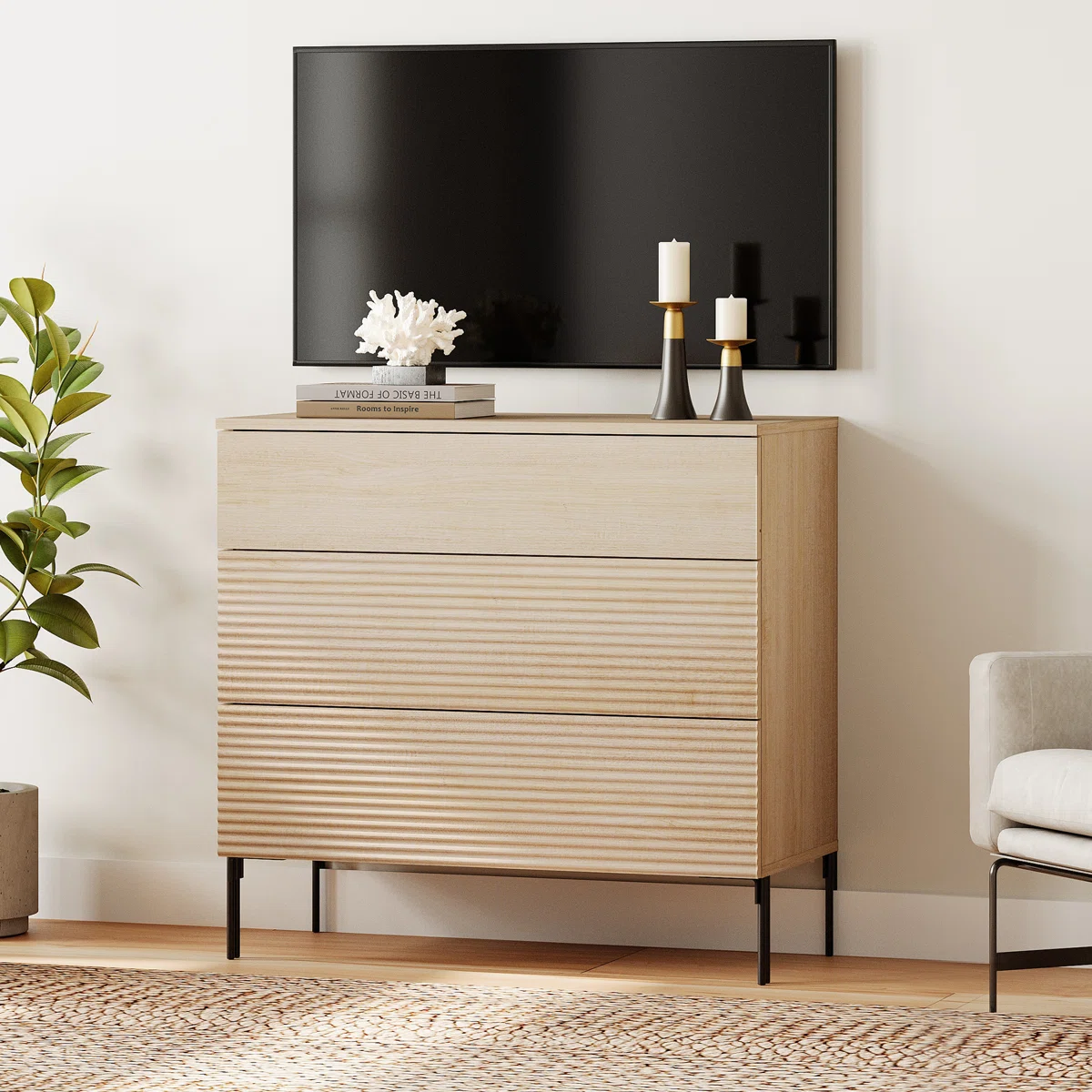 Union Rustic Modern Extendable TV Stand with 3 Drawers – Reeded Wood Entertainment Center