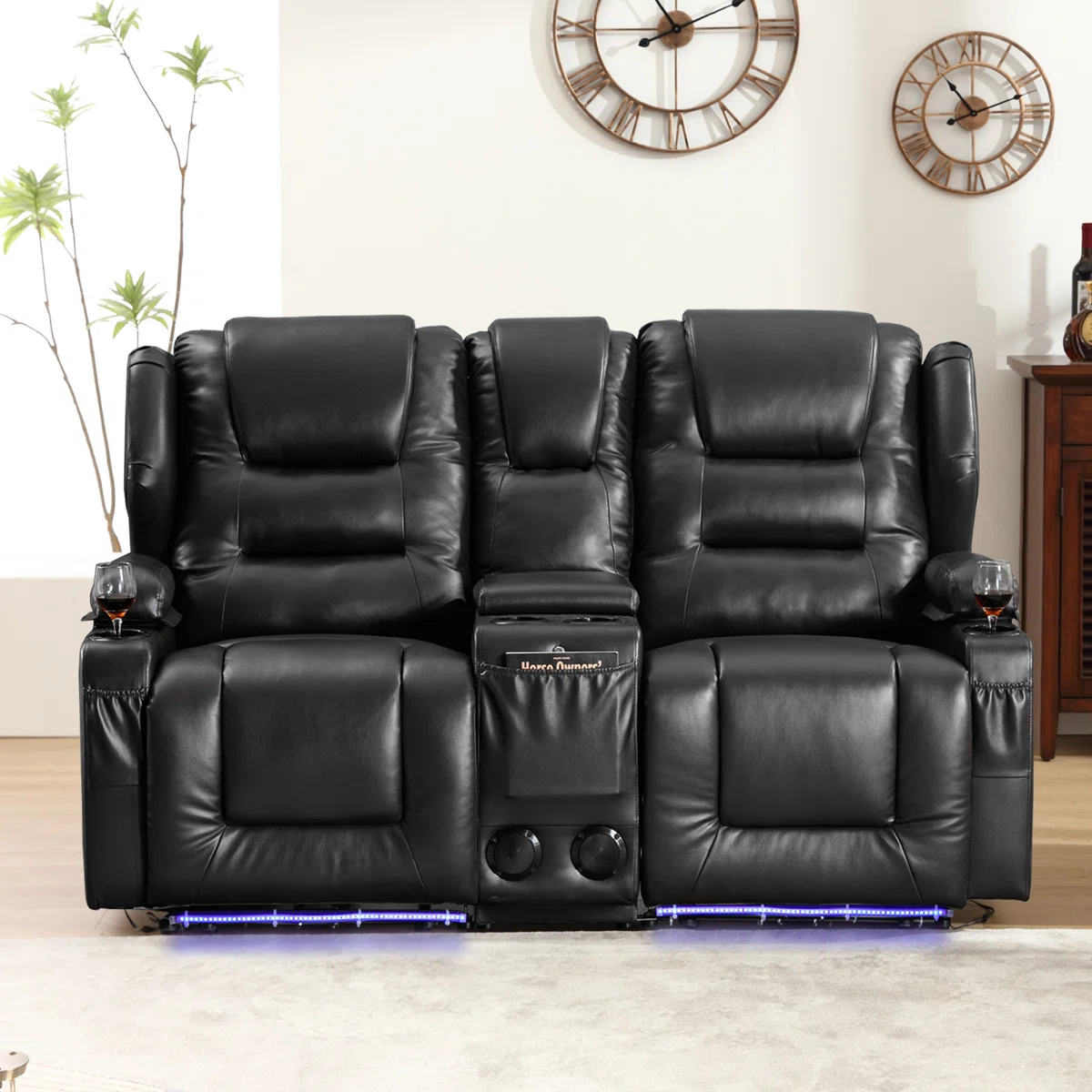 Power Recline Chair & Loveseat – Black Faux Leather, Dual Seat Power Recliner with Console, USB Ports, LED Lighting & Cup Holders