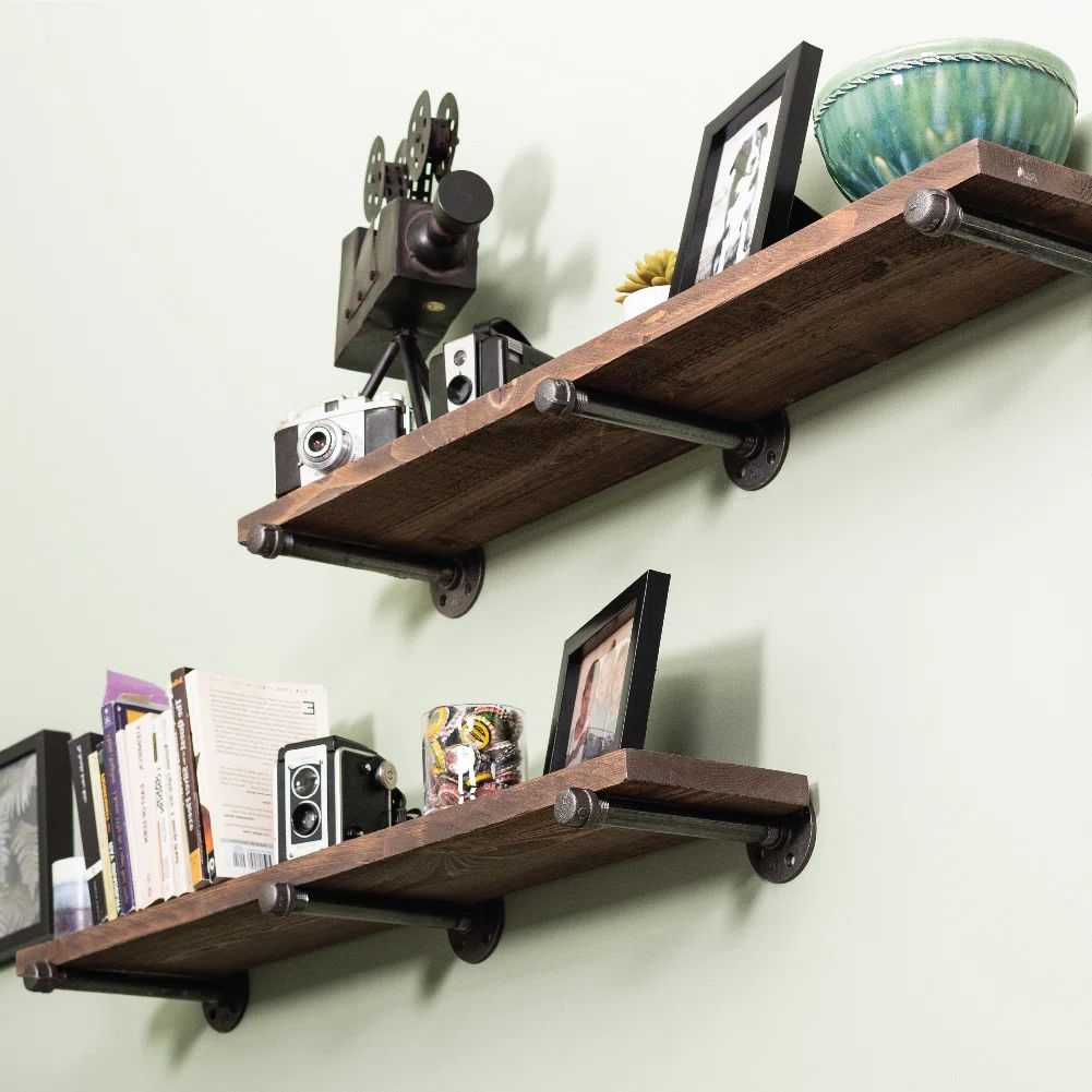 Pingree Solid Wood Floating Shelves 36" – Industrial Pipe Wall Shelf Set of 2
