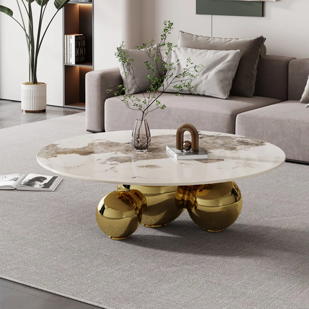 Modern 39.4" Faux Marble Round Coffee Table with Gold Stainless Steel Base – Luxury Single Base Accent Table for Living Room