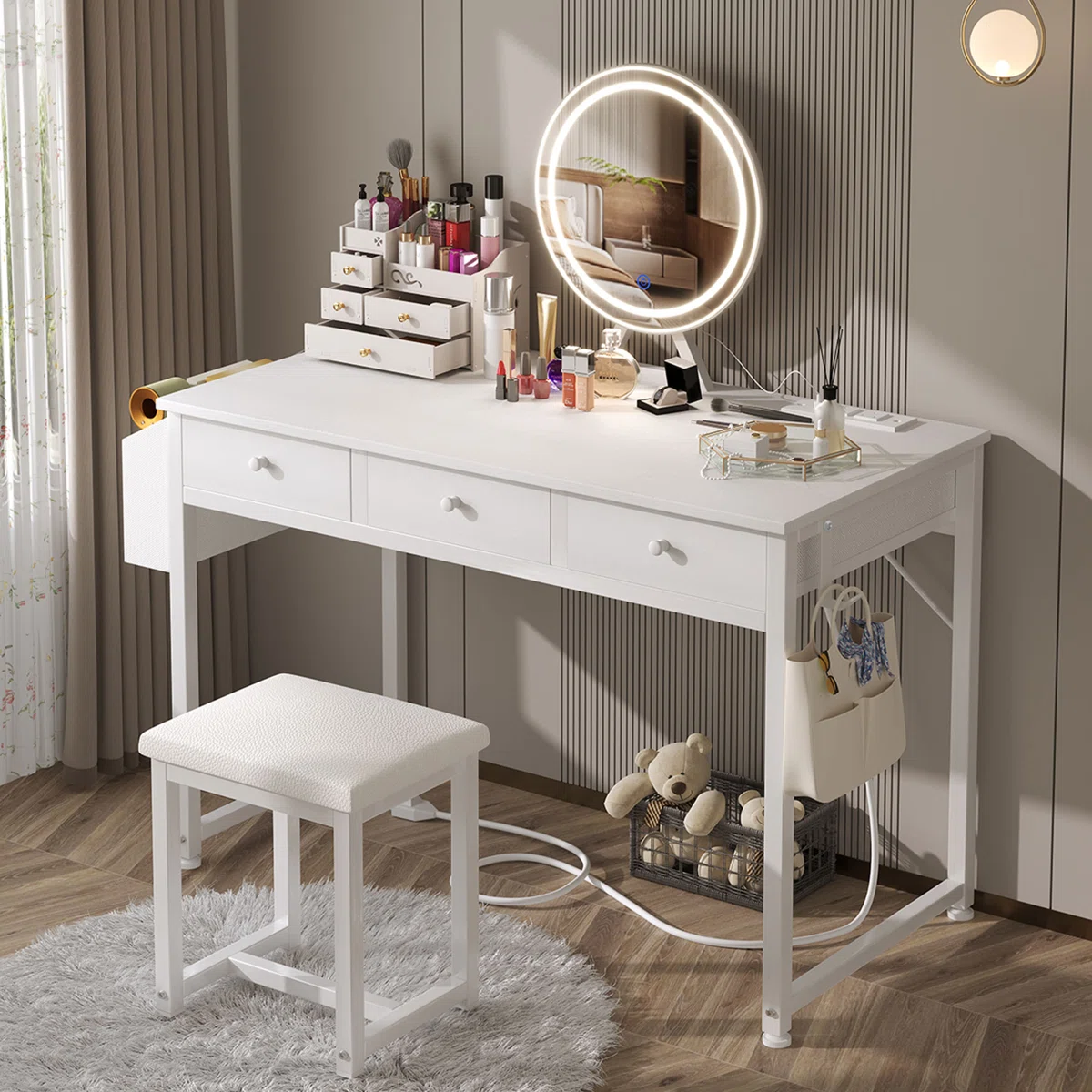 Makeup Vanity Set with Lighted Mirror, Charging Station & Upholstered Bench – Modern Dressing Table with Storage Drawers
