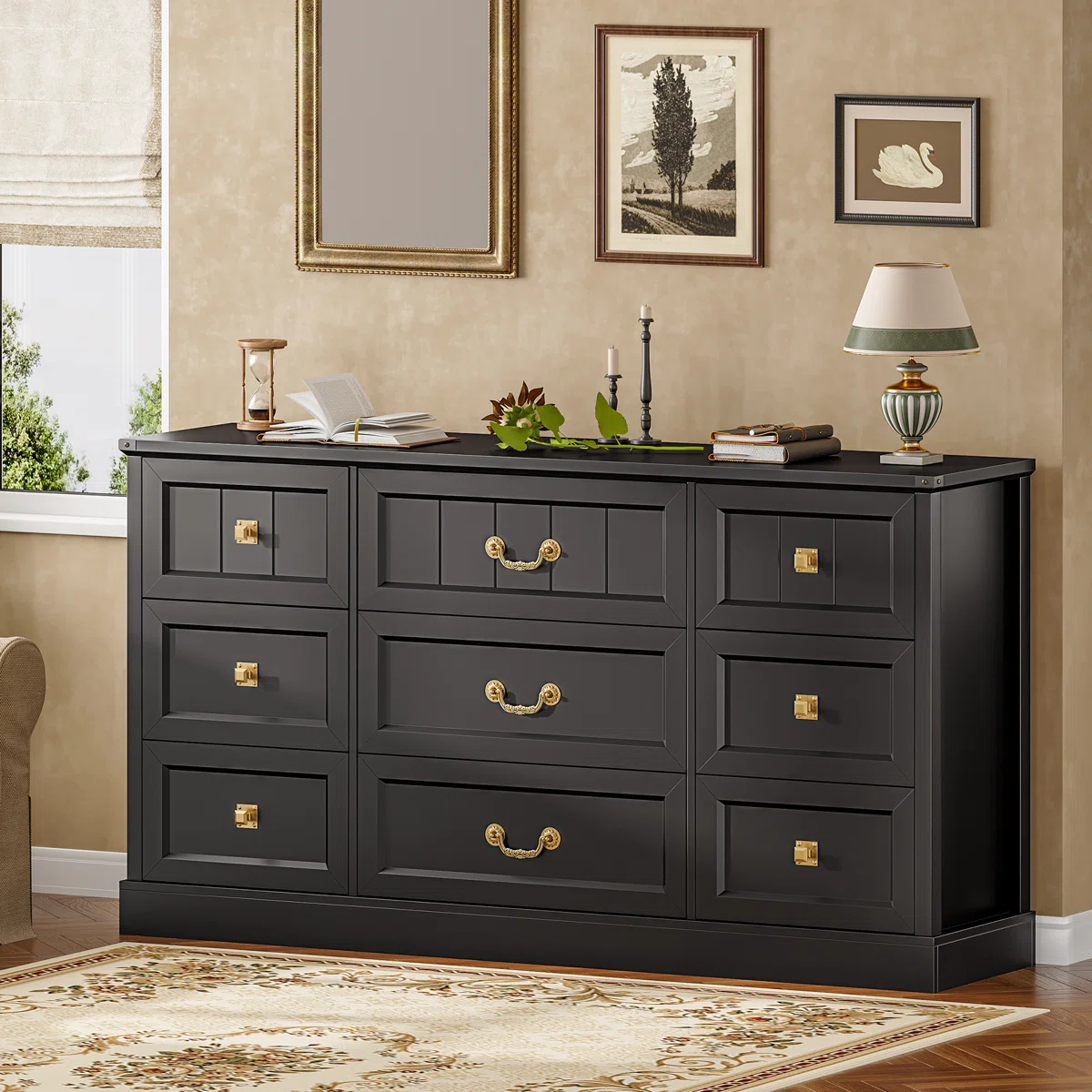 63" Farmhouse 9-Drawer Dresser – Rustic Wood Bedroom Chest with Vintage Design and Natural Texture, Black