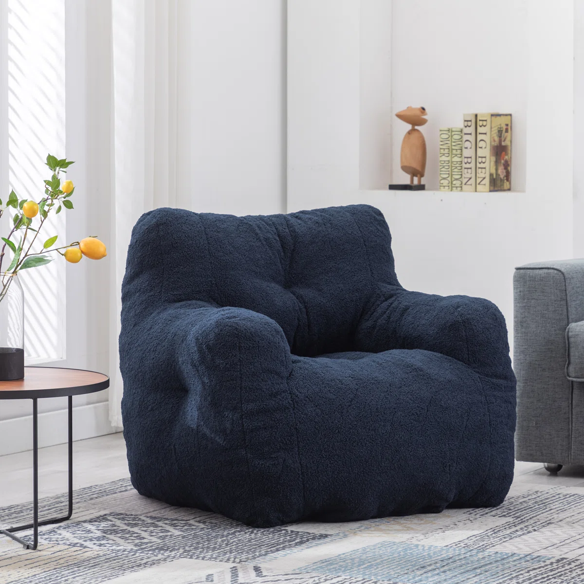 Medium Tufted Foam Bean Bag Chair in Dark Blue Faux Fur – 39 Comfy Seat