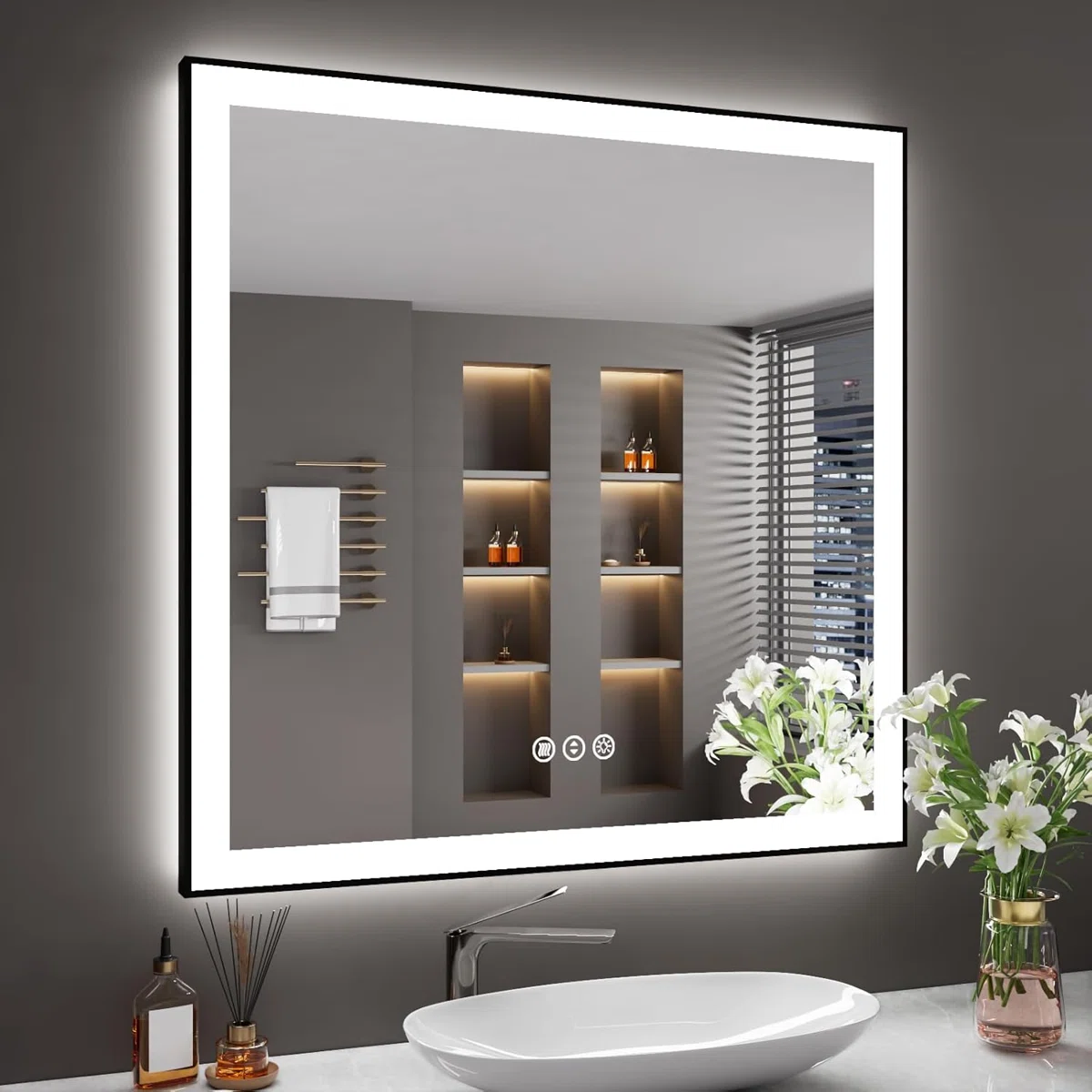 LED Bathroom Mirror With Black Frame, Backlit And Front Lighted Bathroom Mirrors For Wall Size: 36 x 36