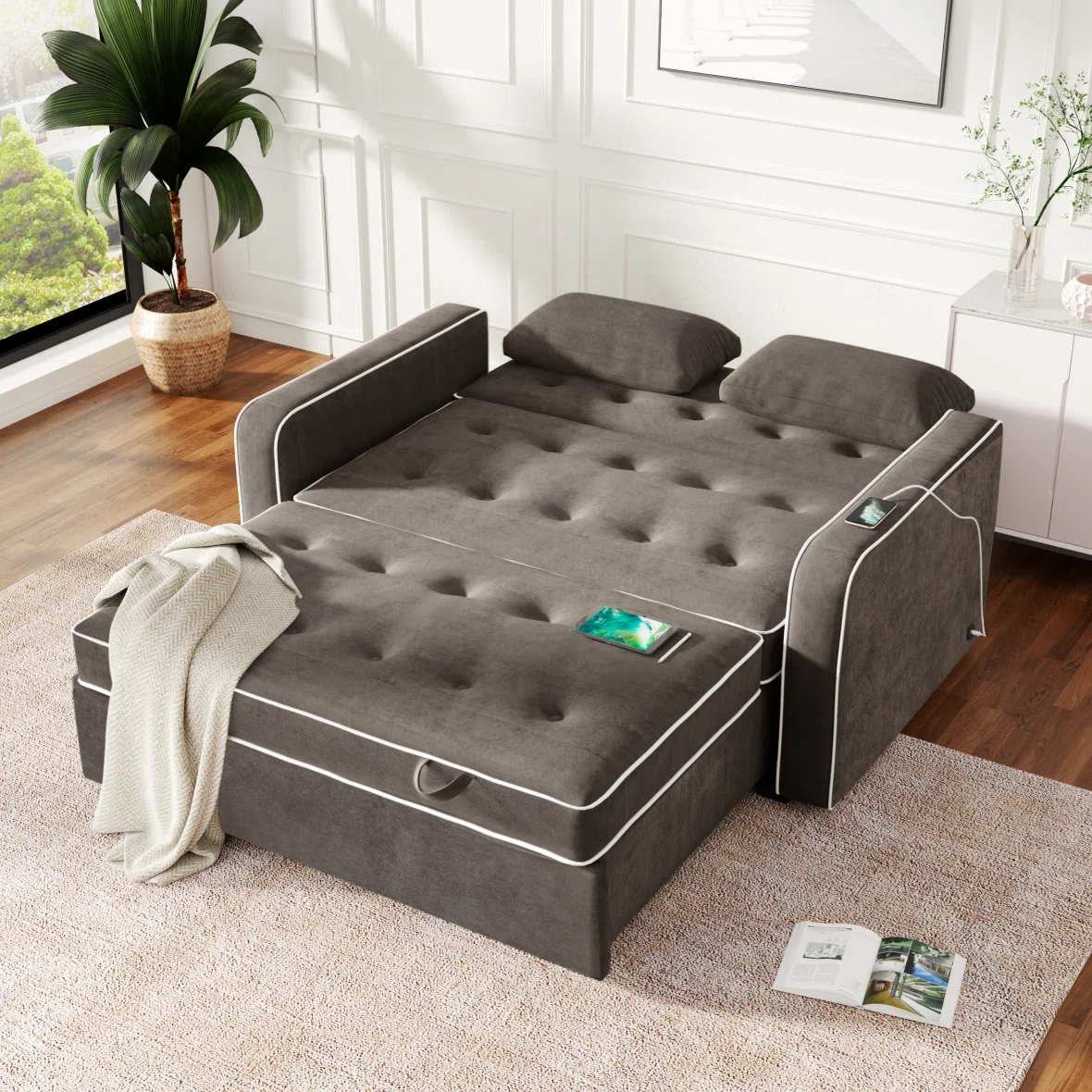 Upholstered Sleeper Bed Pull‑Out Sofa Bed Couch – Brown/Gray Polyester Upholstery, Comes With Two Throw Pillows