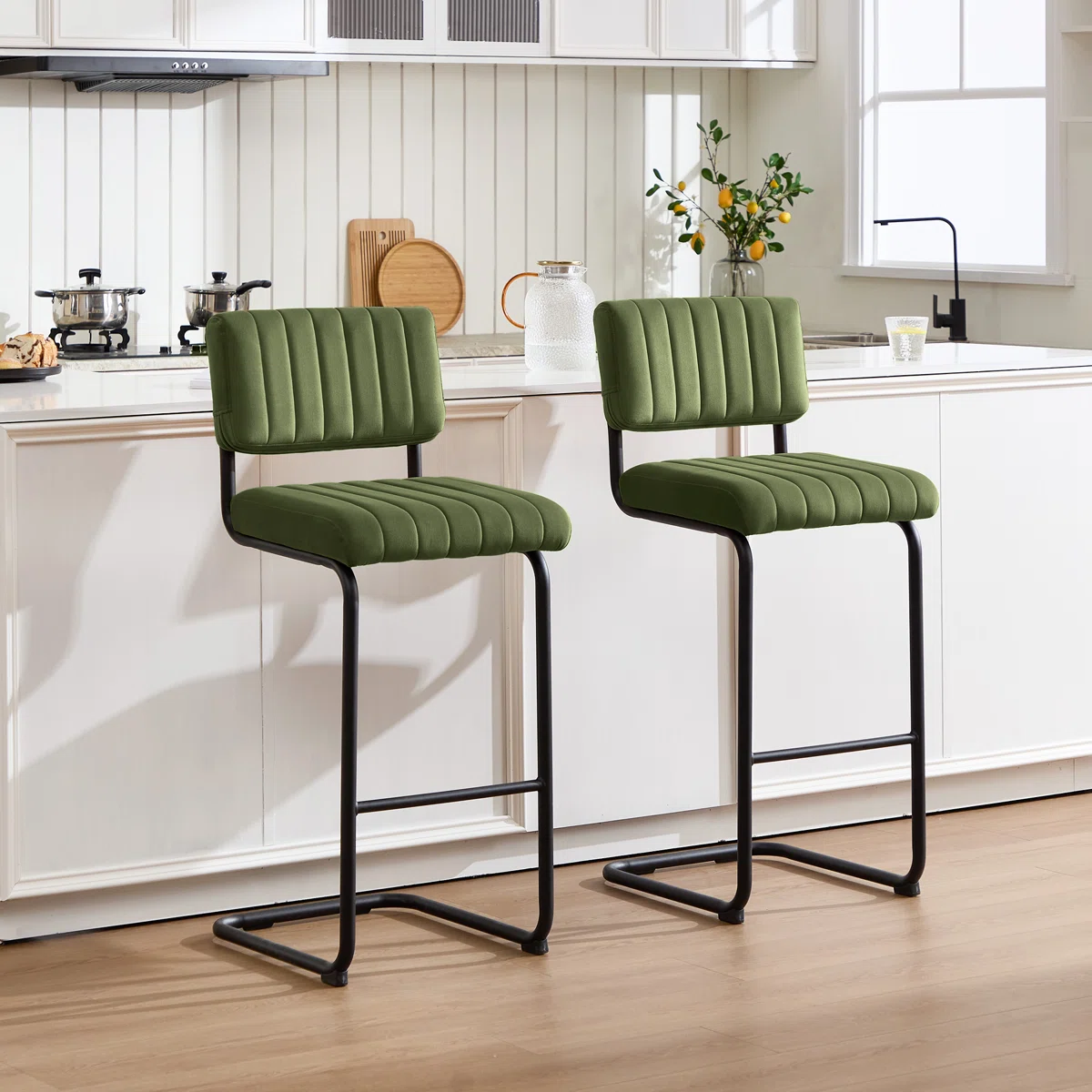 Ambrine Low Back Tufted Velvet Upholstered Counter/Bar Stool with Steel Sled Frame (Set of 2)  Height: 30 Olive Green