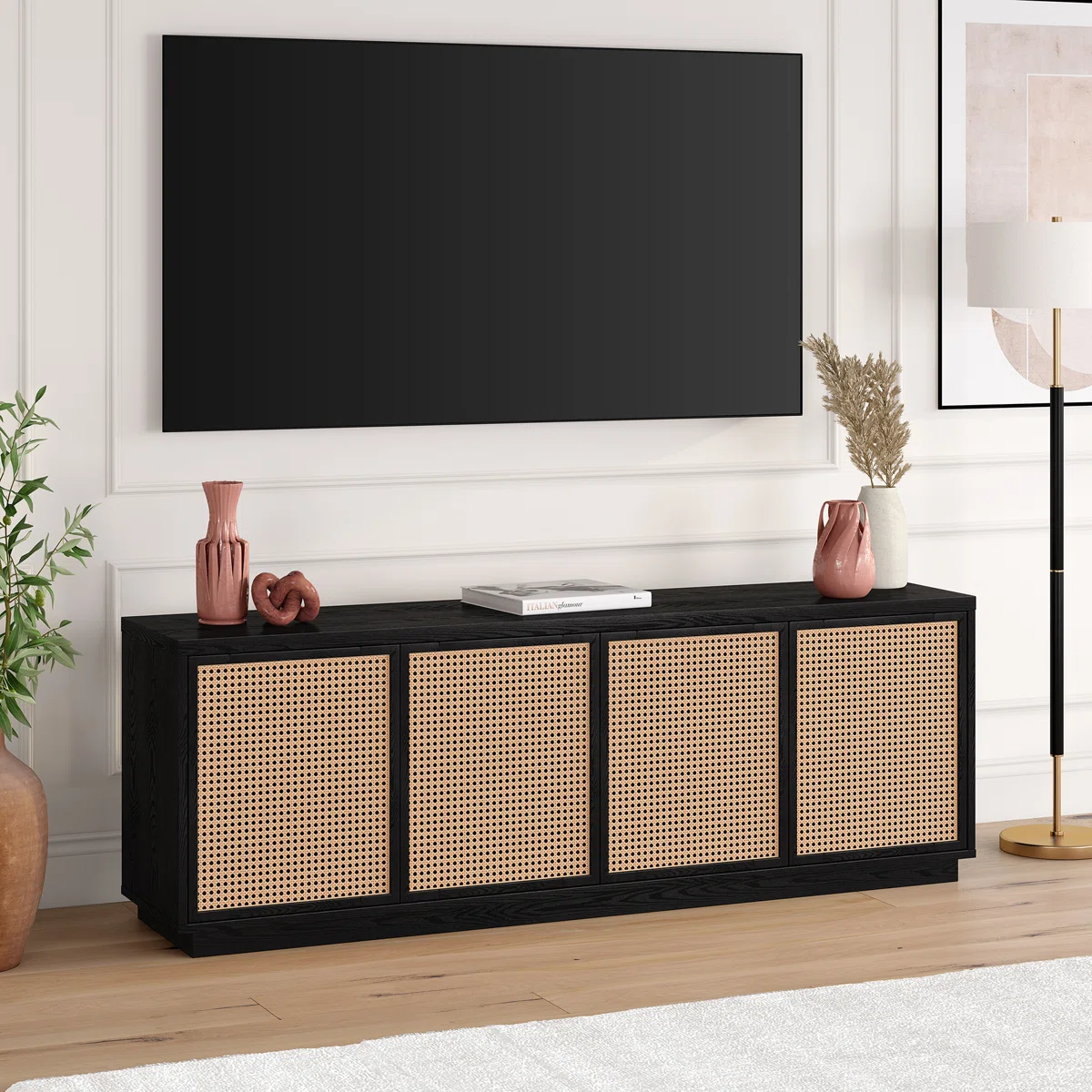Beachcrest Home Giordano 70" Black/Natural TV Stand with Storage Credenza – Faux Rattan Doors