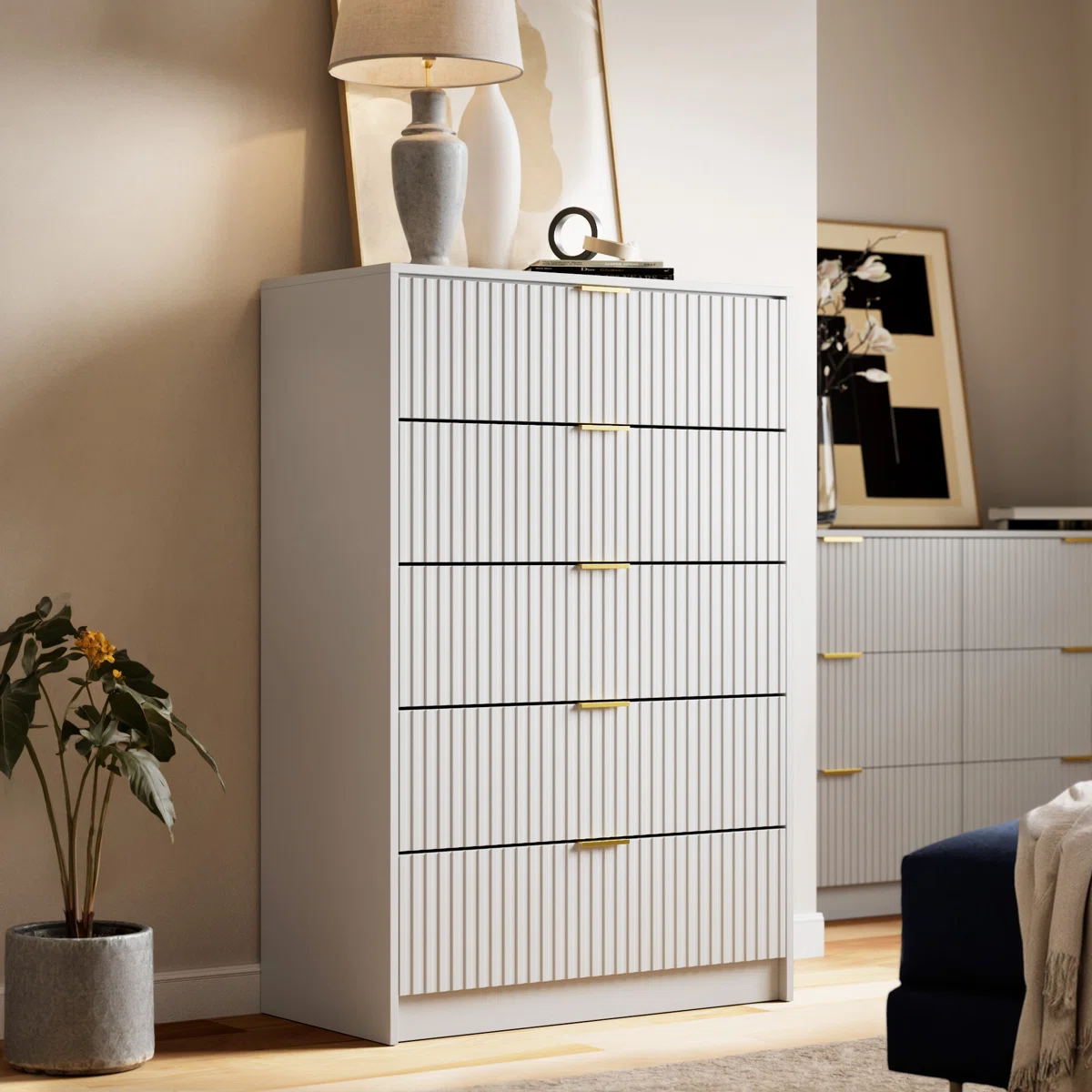 Ebern Designs 5-Drawer White Dresser – 47.2" H Chest of Drawers for Bedroom Storage