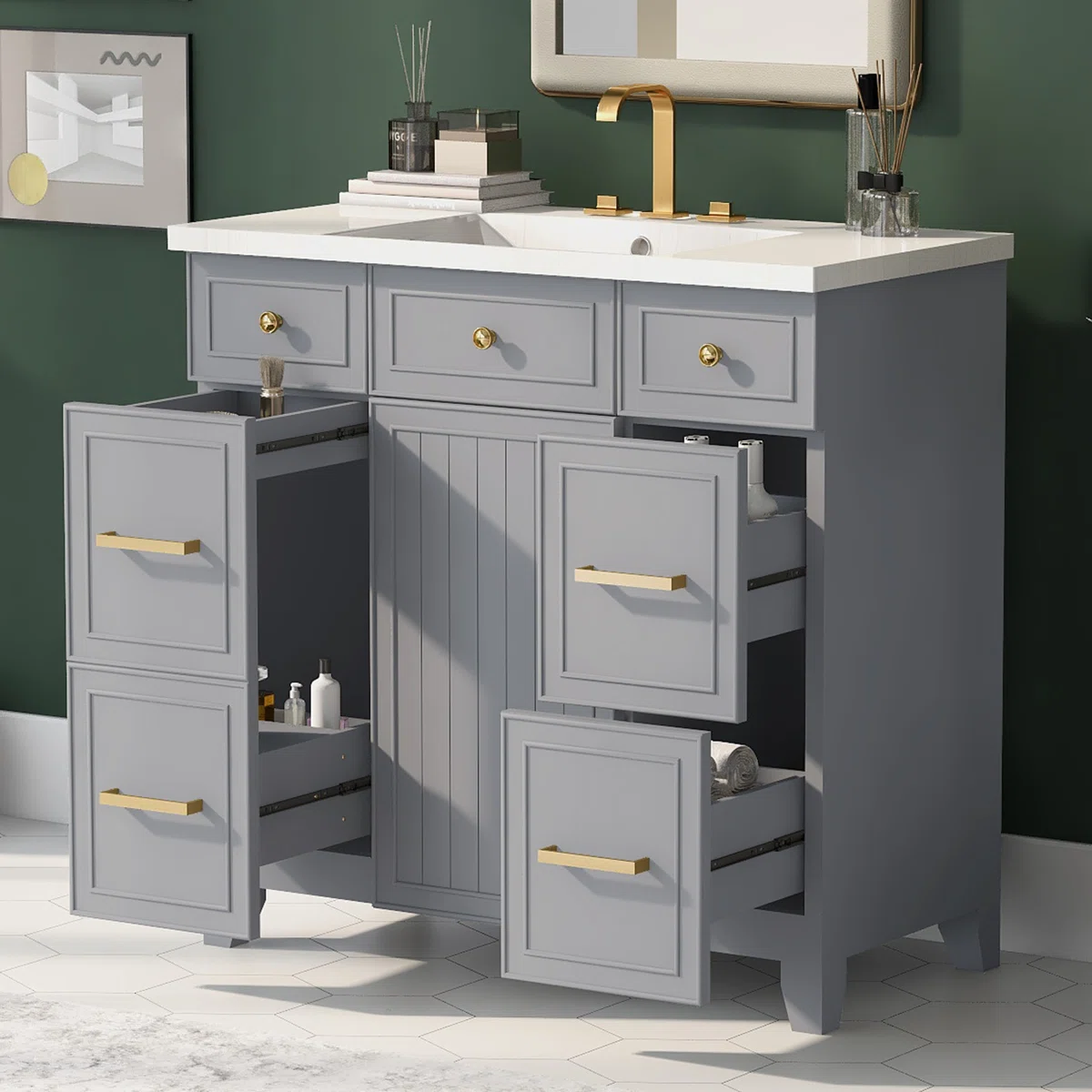 House of Hampton 36" Gray Single Bathroom Vanity with Ceramic Top and Gold Hardware