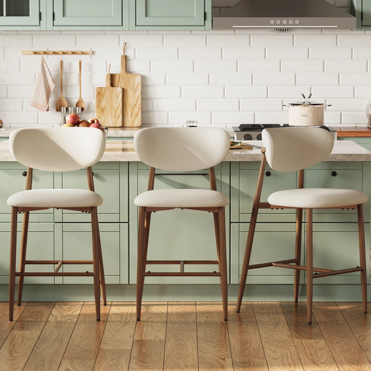 Upholstered Counter Stool with Solid Metal Frame – 3-Piece Set, Beige, Ergonomic Design