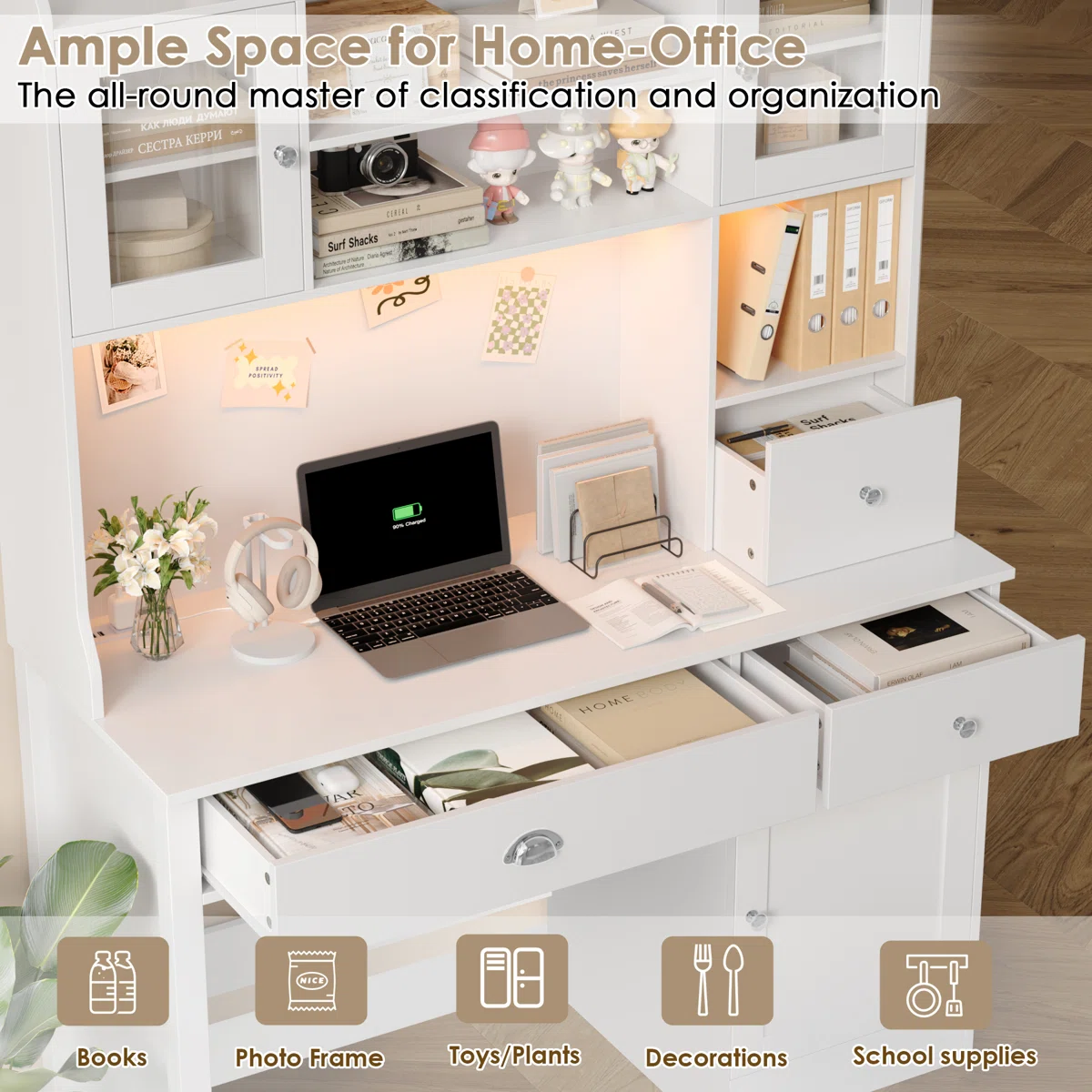 47.2" Wooden Computer Desk with Hutch and LED Lighting – Modern Home Office Desk with Power Outlets and USB Ports, White