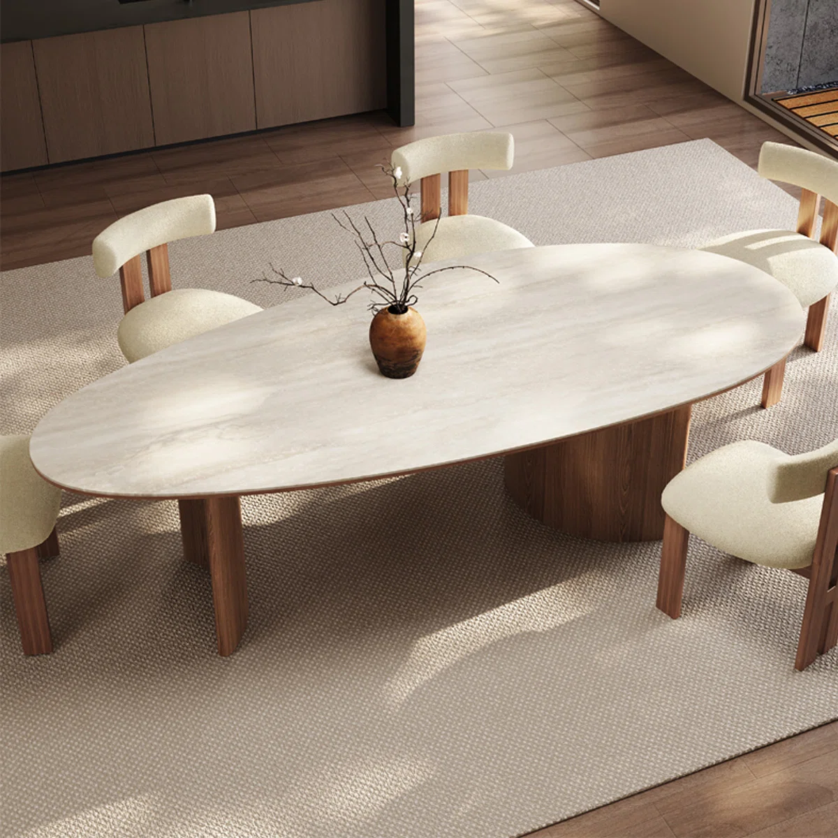 French Fashion Free-Form Dining Table with Sintered Stone Top and Solid Wood Base – Modern Luxury Dining Room Table