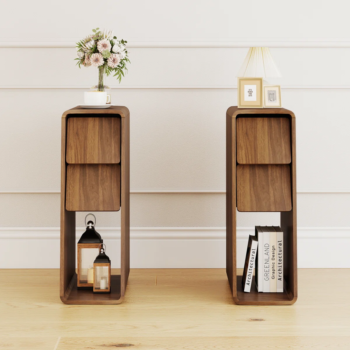 23.6" Tall Narrow Sofa Side Tables with Storage Drawer – Farmhouse Style (Set of 2)