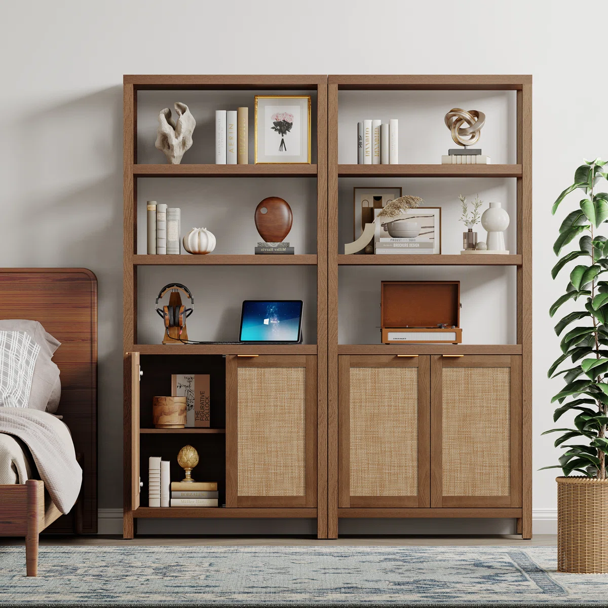 Latitude Run® Marliee 70.9" H x 30.7" W Standard Bookcase with Rattan Accents and Adjustable Shelves
