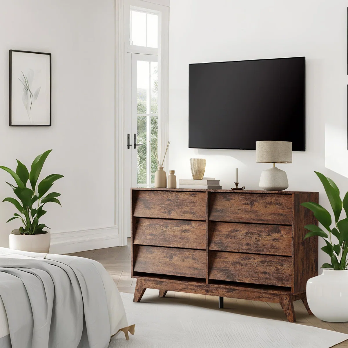 47.2" Wide 6-Drawer Mid-Century Dresser – Vintage Wooden Chest with Beveled Design & Hidden Handles, Modern Storage Cabinet & TV Stand