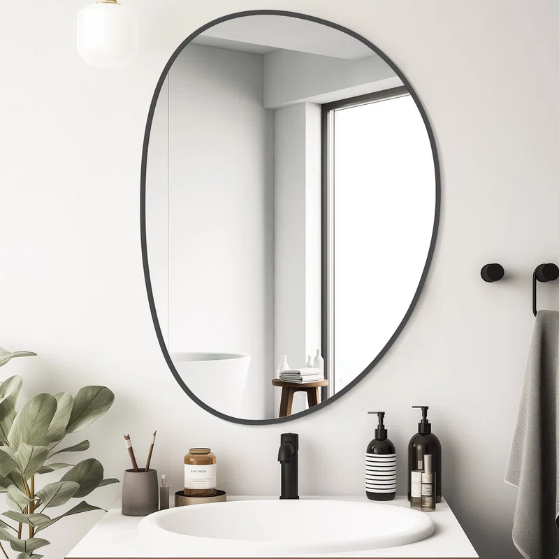 Modern Irregular Wall Mirror with Black Wood Frame  Asymmetrical Design