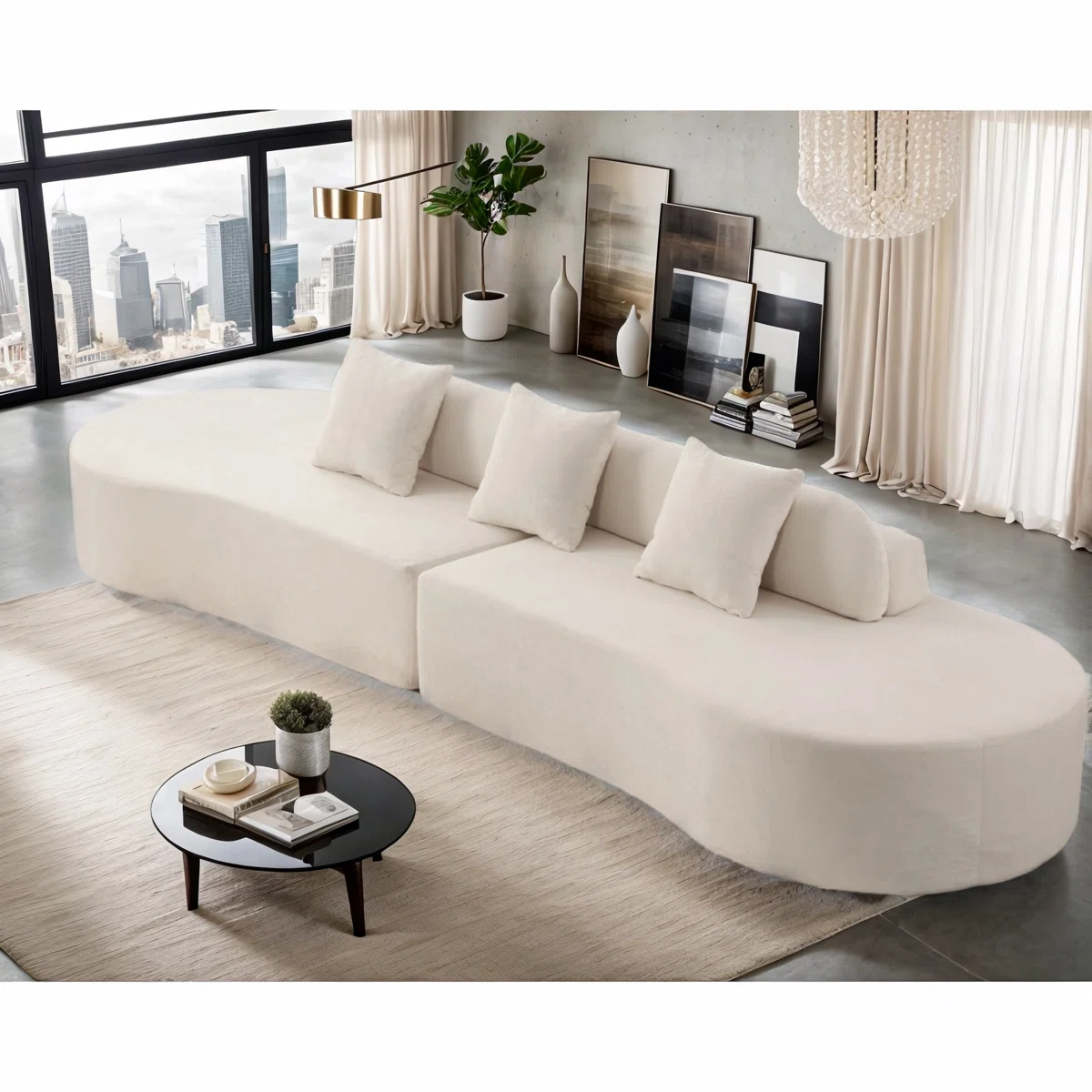 130.5"W Modern Curved Sofa Versatile Fabric Sofa Bed with Three Pillows, White