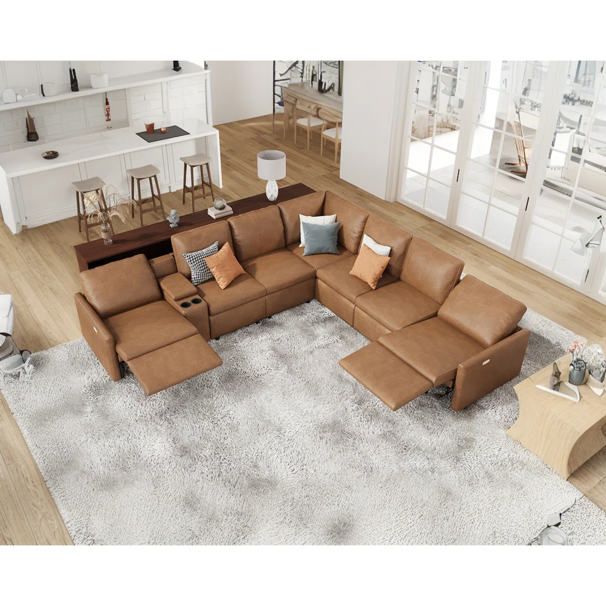 Latitude Run® Power Recliner L-Shaped Sofa – 7-Seater Leather Sectional with Cup Holders & USB Charging Ports, Modern Recliner Sofa