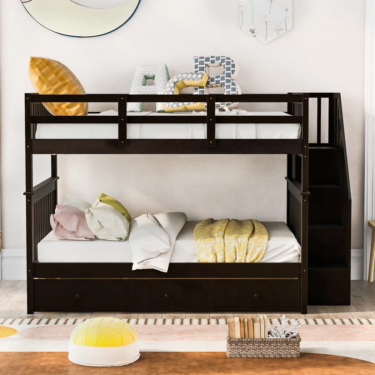 Full-Over-Full Stairway Bunk Bed with Storage Drawers & Shelves – Solid Wood