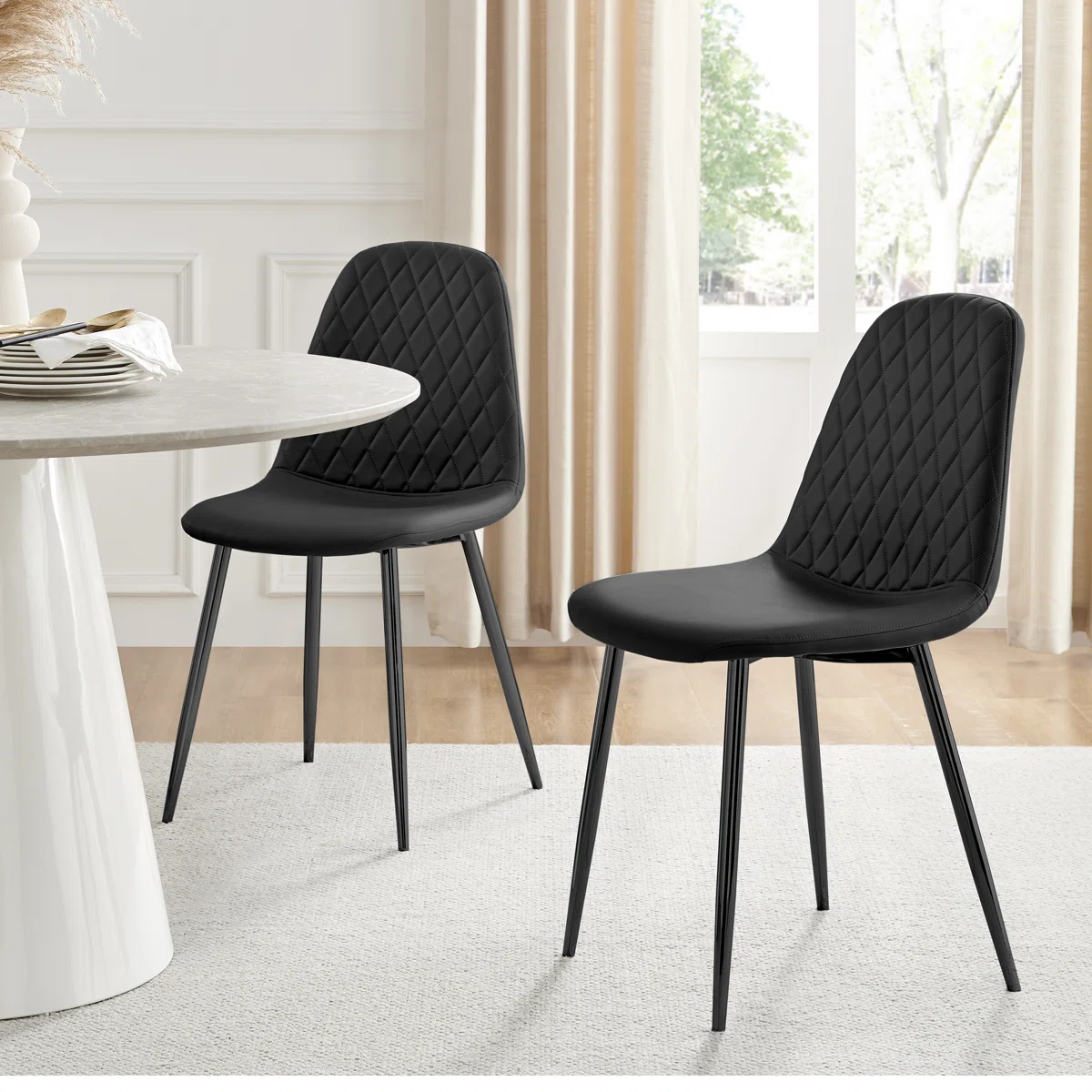 Morral Luxury Diamond Quilt Stitched Faux Leather Upholstered Tapered Metal Leg Dining Chairs (Set of 2) (Leg Color: Black) Upholstery Color: Black