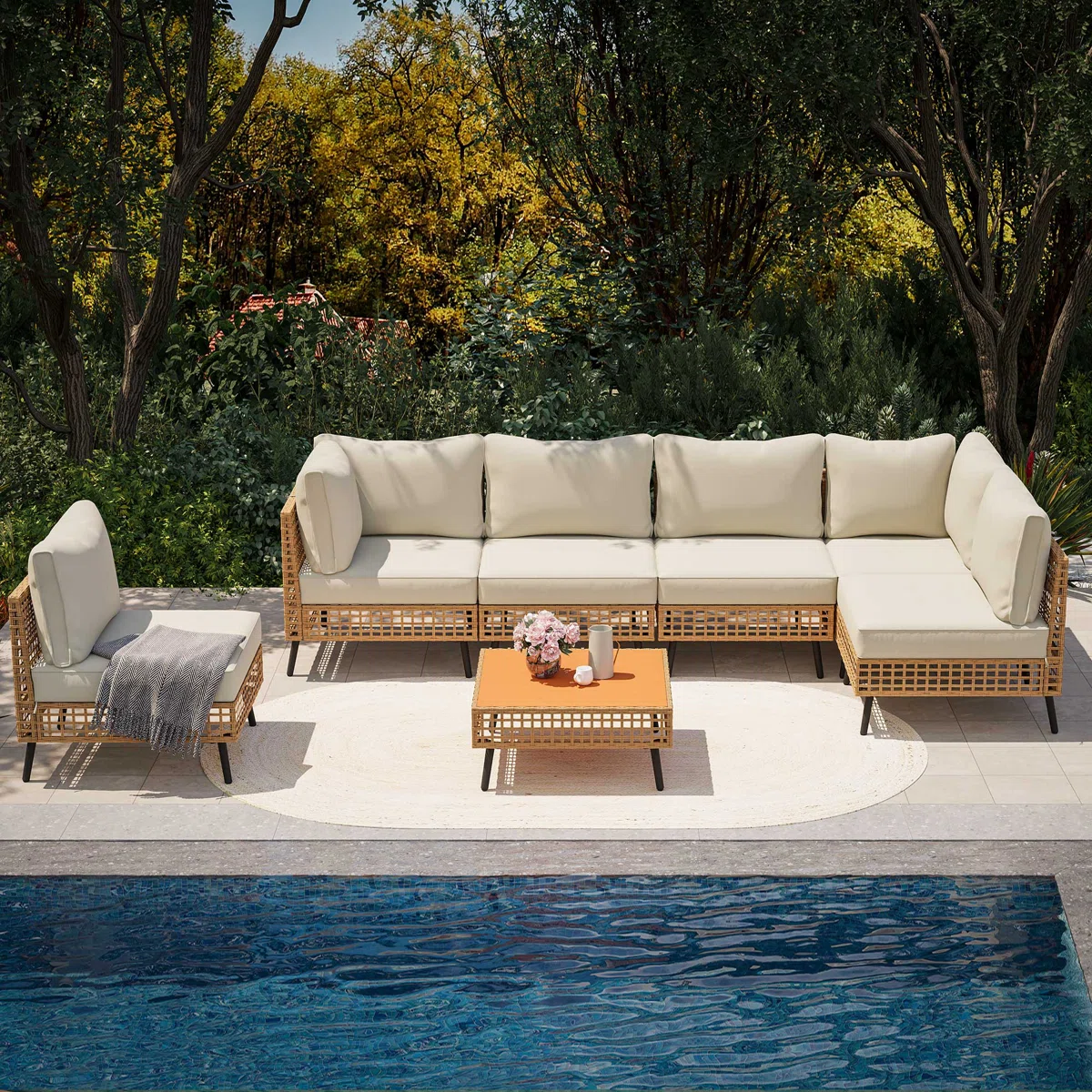 7-Piece Wicker Sectional Seating Group with Cushions – Beige Cushions & Brown Frame