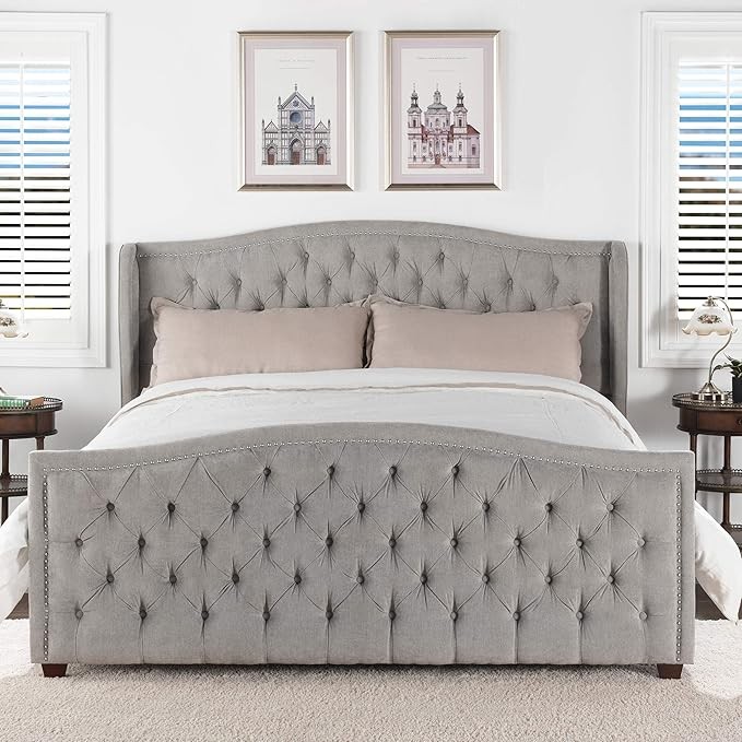 Jennifer Taylor Home Anastasia Upholstered Shelter Headboard Bed Set, King, Silver Grey Polyester