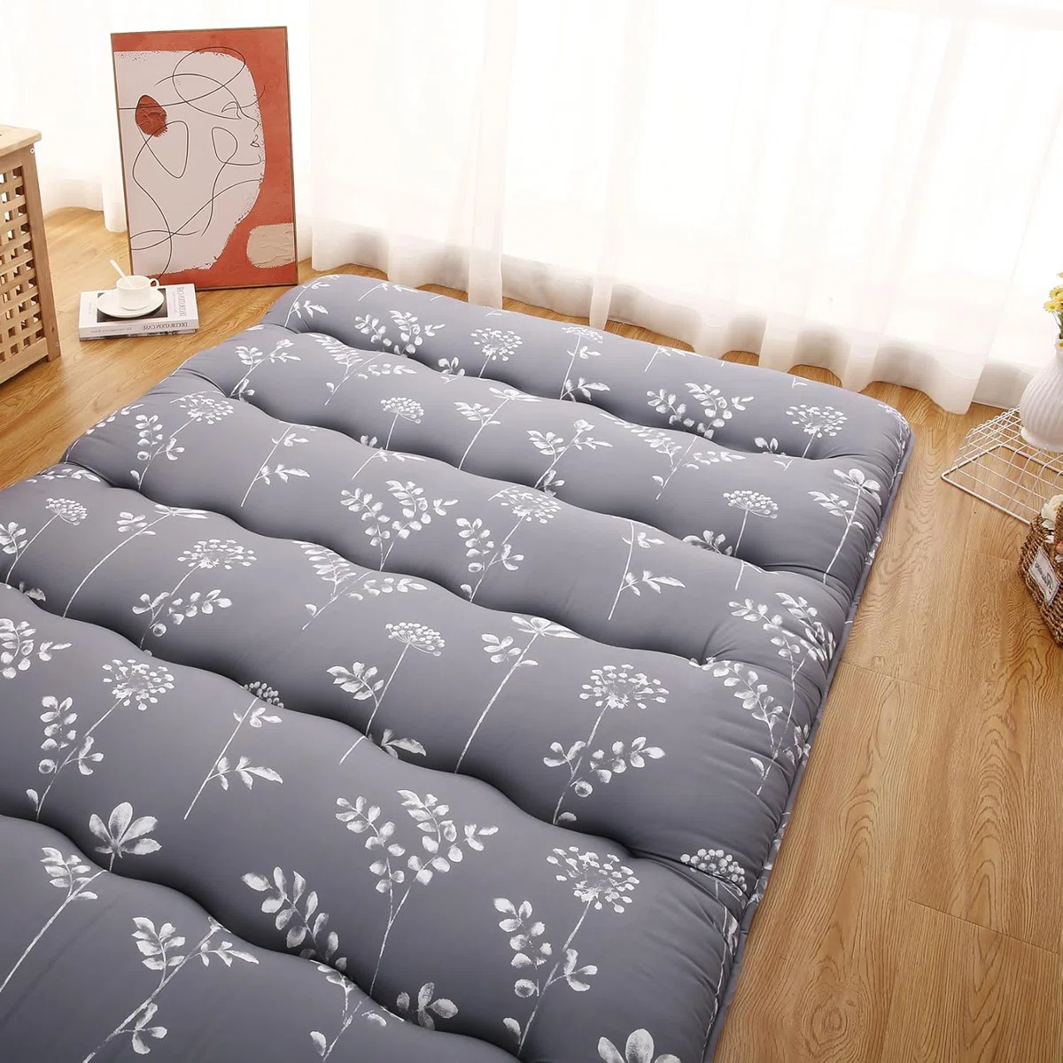 Futon Floor Mattress Japanese Style Floral Pattern – Full Size, Gray, 3'' Thick, Lightweight & Portable