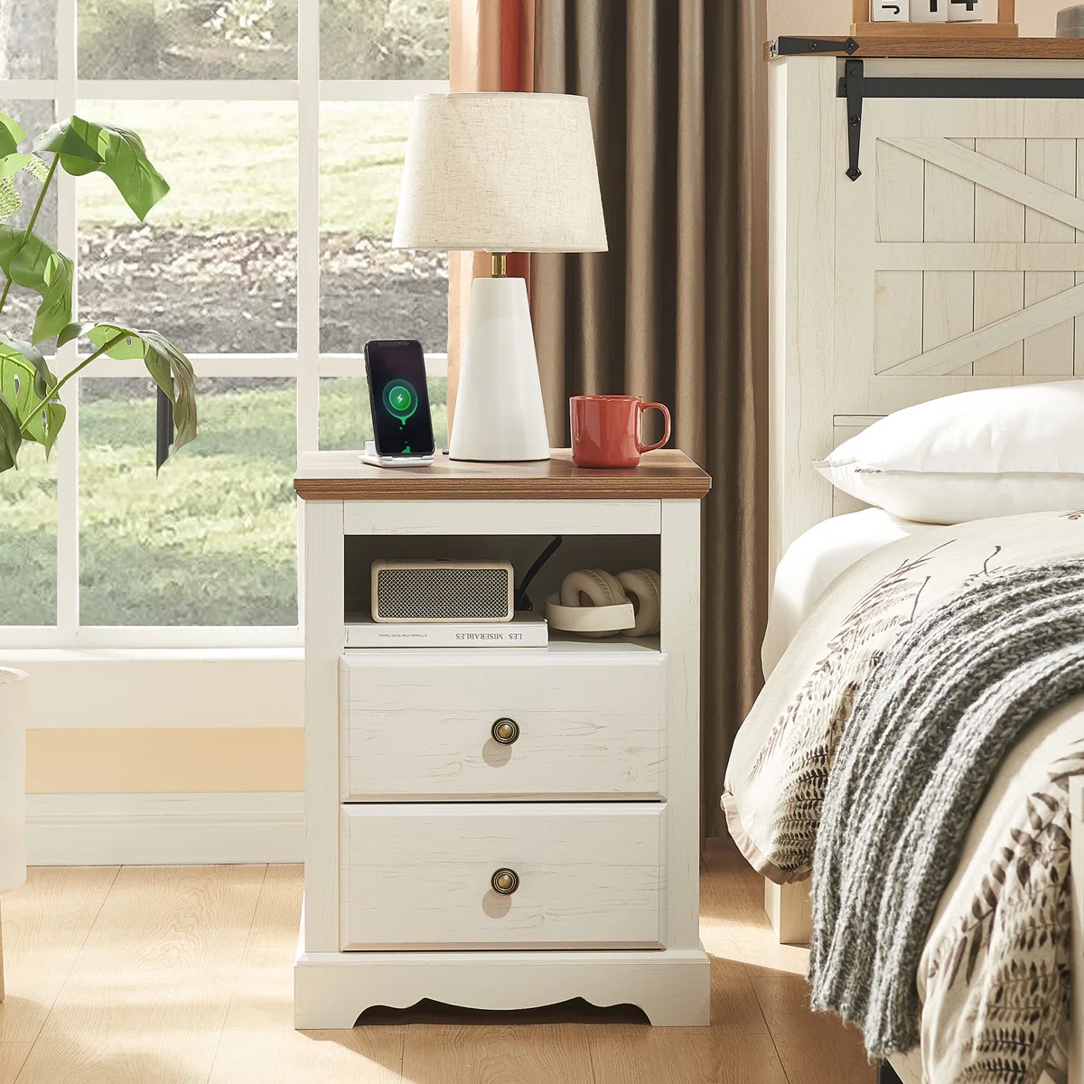 Ingberg Rustic Farmhouse Nightstand with Charging Station – 2-Drawer Bedside Table with USB, Type-C & AC Outlets, Open Shelf, and 3D Raised Drawer Fronts