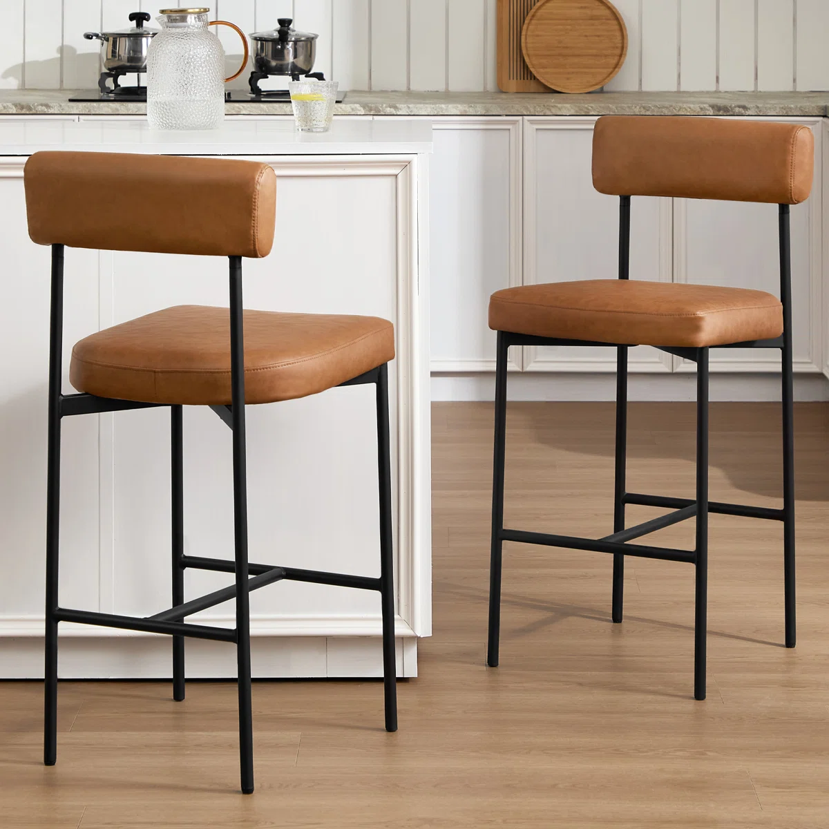 Allenhurst 26"H Mid-Century Upholstered Faux Leather Counter Stool with I-Beam Frame (Set of 2)