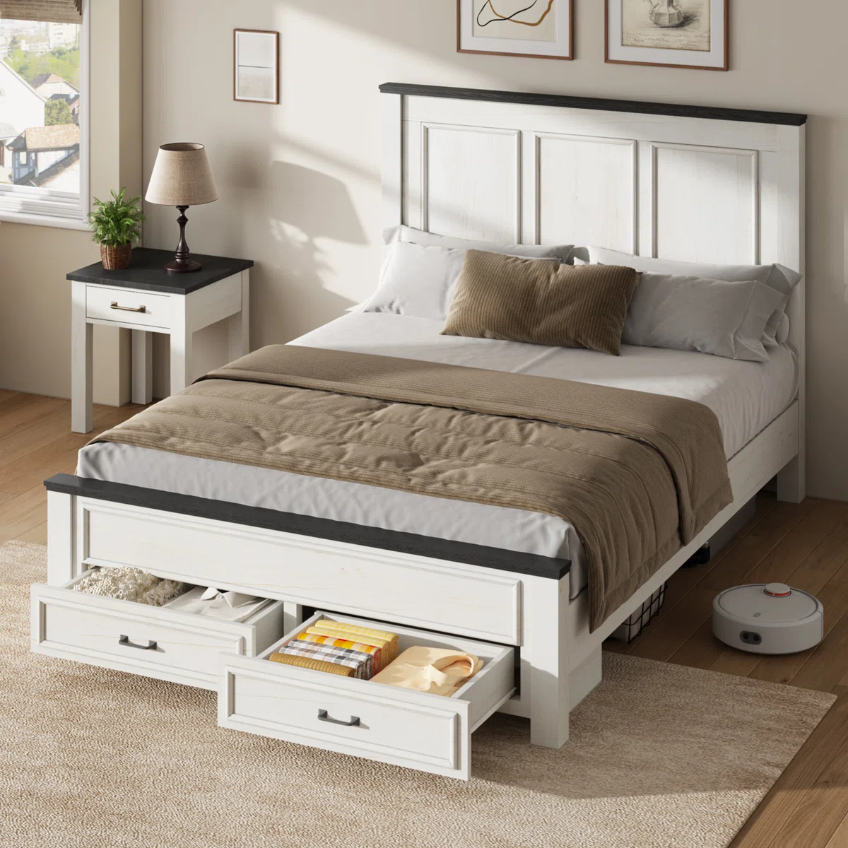 Farmhouse Wood Queen Platform Bed Frame with 52.2" Tall Headboard & Large Storage Drawers – Rustic White Solid Wood Bed