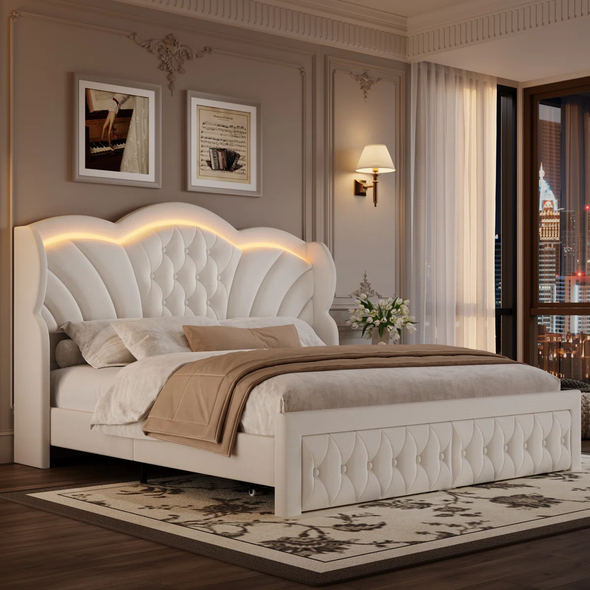Velvet Upholstered Wingback Storage Bed with LED Lights – Tufted Luxury Bed with Under-Bed Drawers