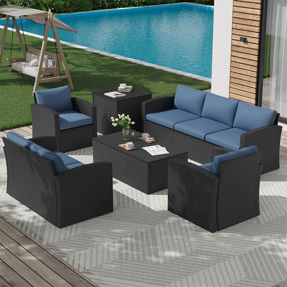 Aun 7-Person Outdoor Wicker/Rattan Patio Conversation Set with Cushions