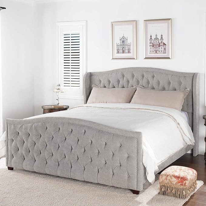 Jennifer Taylor Home Anastasia Upholstered Shelter Headboard Bed Set, King, Silver Grey Polyester