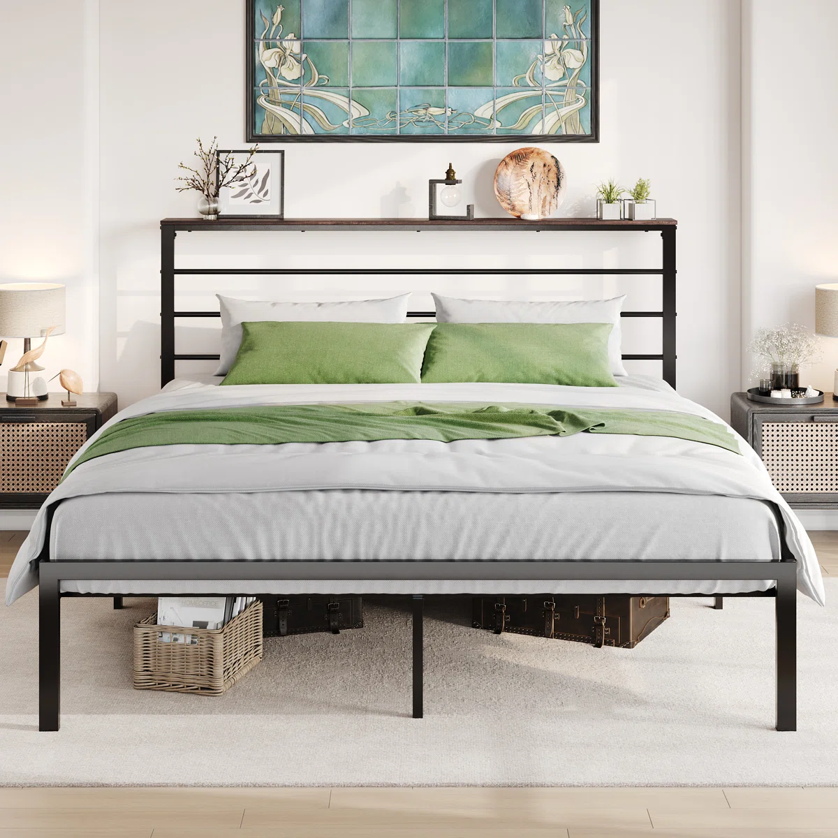 Daquona Metal Storage Bed Frame with Integrated Headboard Shelf – Heavy-Duty Platform Bed with Under-Bed Storage