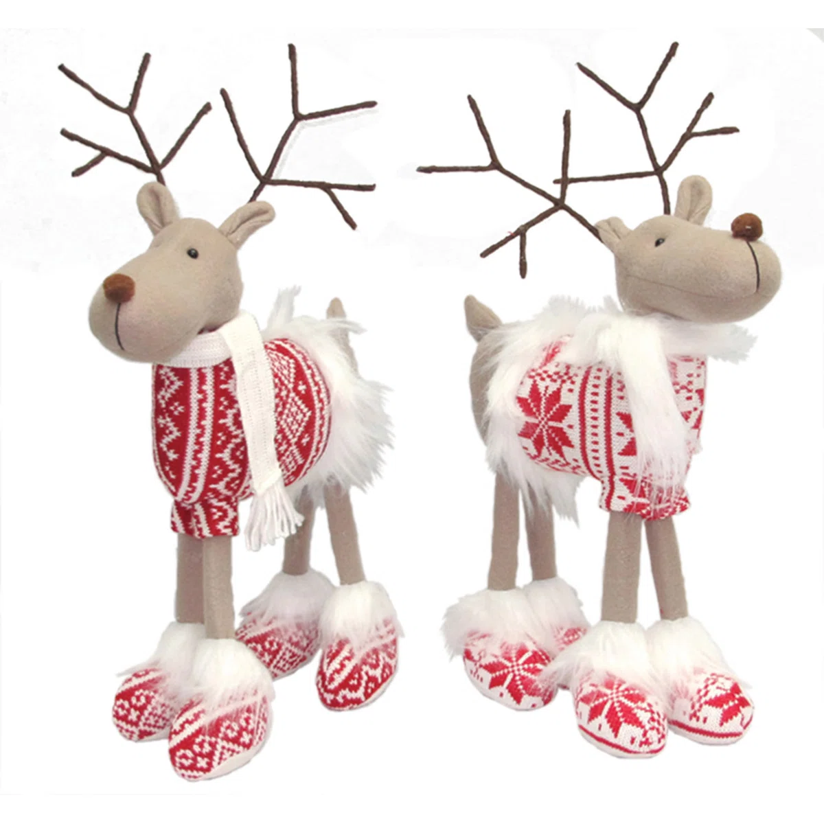 2-Piece Good Cheer Standing Reindeer Stuffed Holiday Accent Set – Red & White Polycotton Christmas Decorations