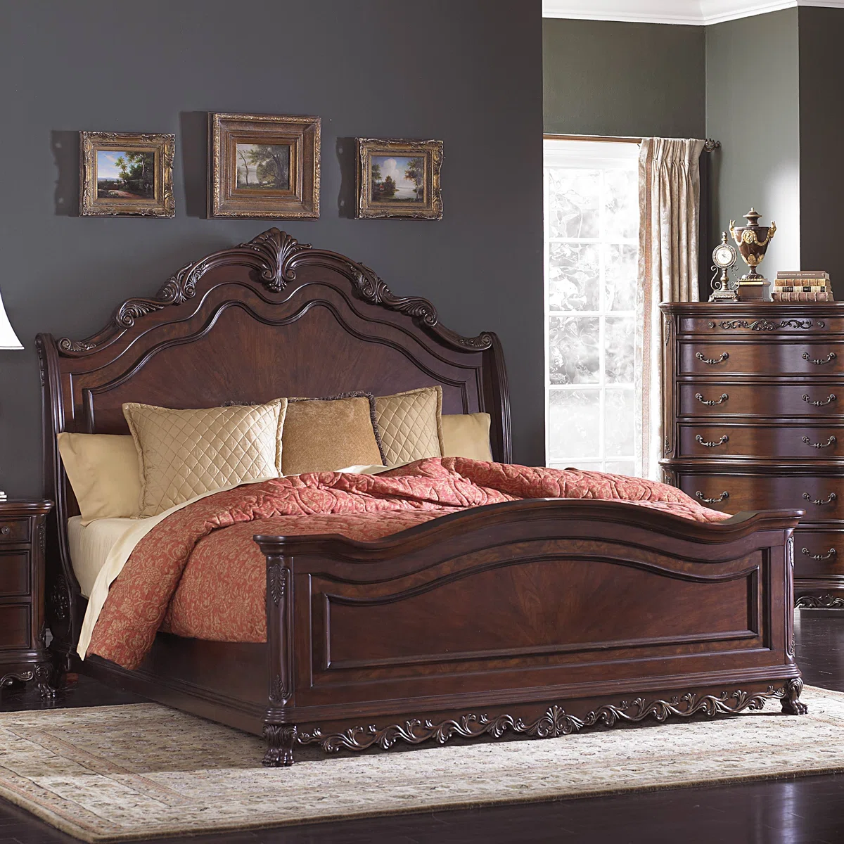 Lark Manor Ceja Solid Wood Low Profile Queen Bed with Portman Headboard – Classic Cherry Finish