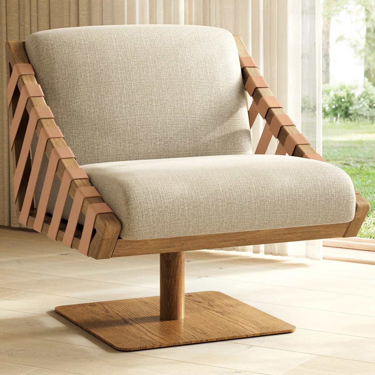Mansi Swivel Accent Chair,Harvest Natural Upholstery with Tauari Wood Frame & 360° Metal Base