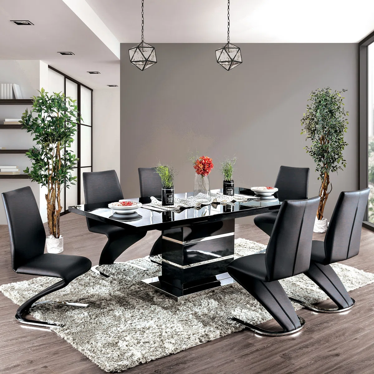 Orren Ellis Reitman Extendable Dining Table – High Gloss Black Pedestal Table with Self-Storing Leaf