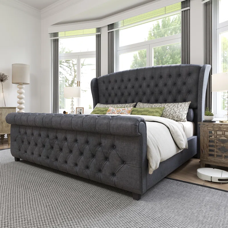 Dulane Chenille/Velvet Upholstered Sleigh Bed with Scroll Wingback Headboard – Queen Size, Grey Upholstery, Elegant Upholstered Platform Bed Frame