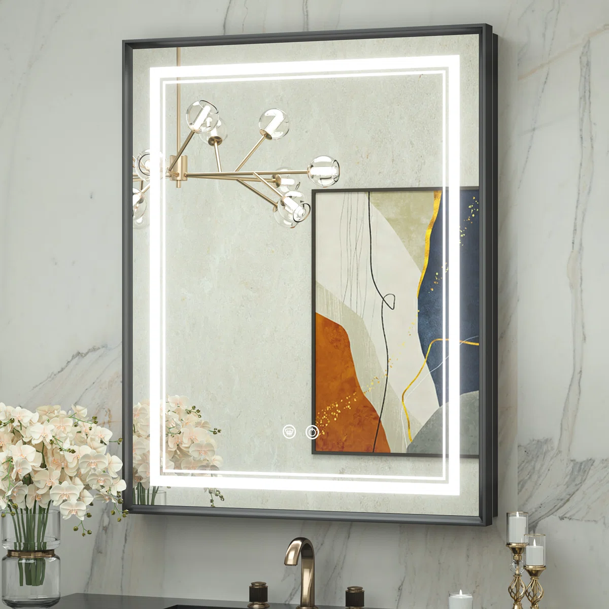 Ebern Designs Kassady 30" x 24" LED Lighted Bathroom Medicine Cabinet – Black Framed Mirror Cabinet with 3-Color Lighting, Defogger & Dual Outlets