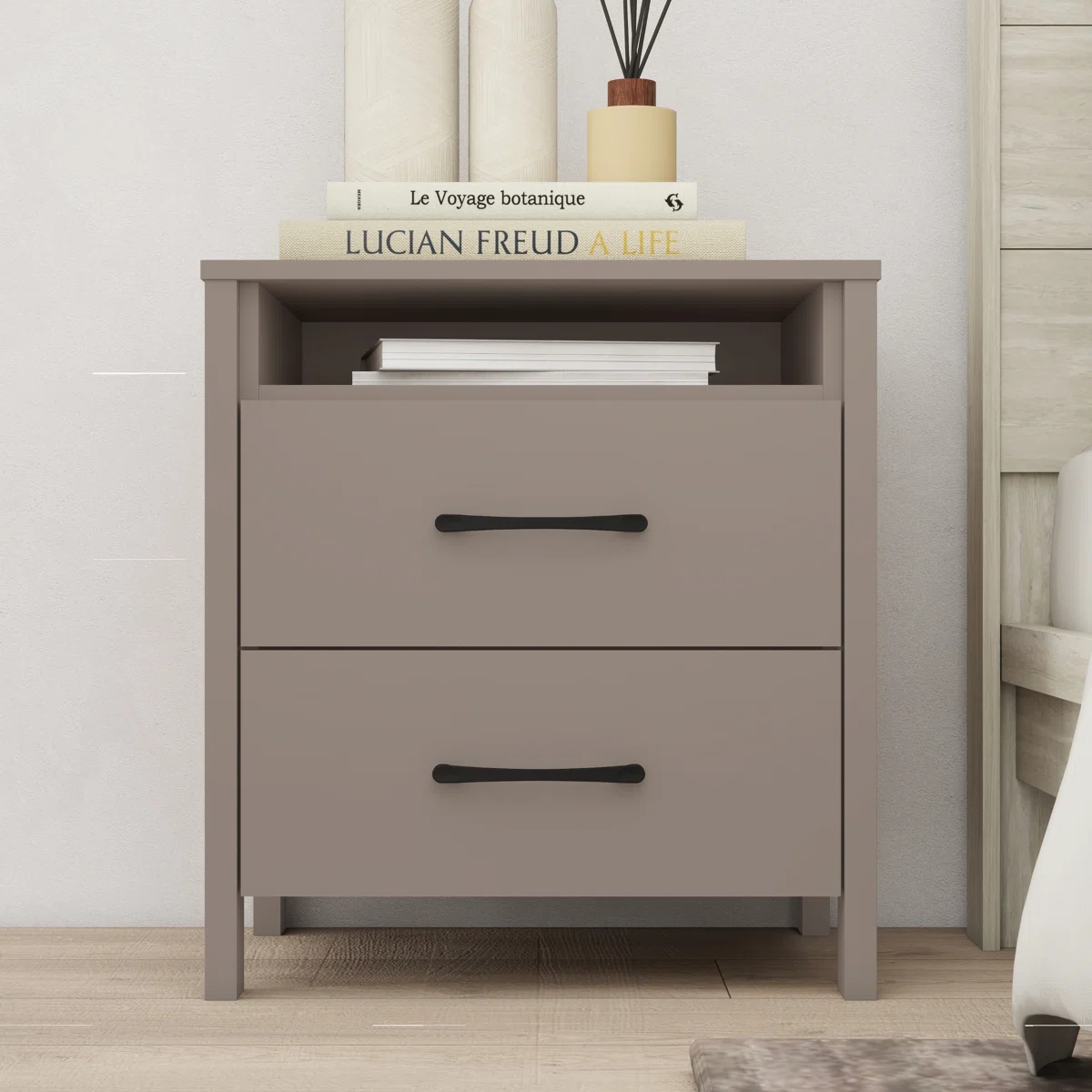 22.7" Warm Taupe Nightstand with 2 Drawers – Modern Allysyn Design