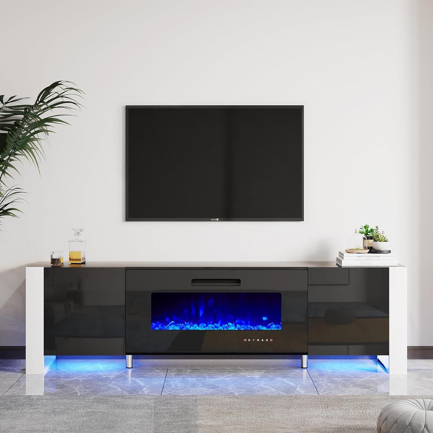 Black 80" Modern High‑Gloss Entertainment Center With LED Lights – U‑Shaped Leg TV Console Cabinet for TVs Up to 90", Sleek Contemporary Media Console
